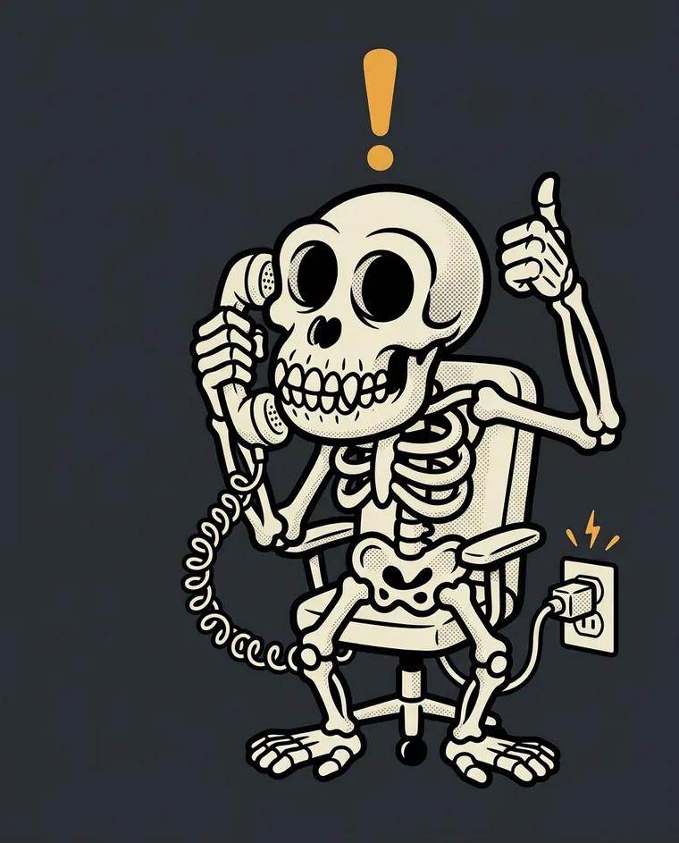 Codemonkey, das Affenskelett, sitzt auf einem Bürostuhl, hält einen Telefonhörer und zeigt den Daumen nach oben. Der Stecker steckt wieder in der Dose.