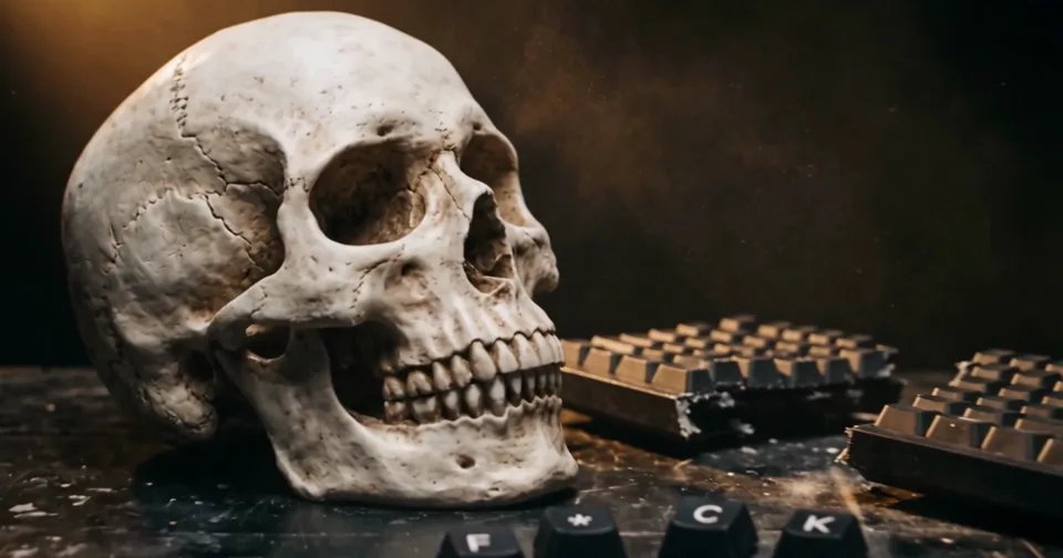bytebones home page: a skull biting into a keyboard.